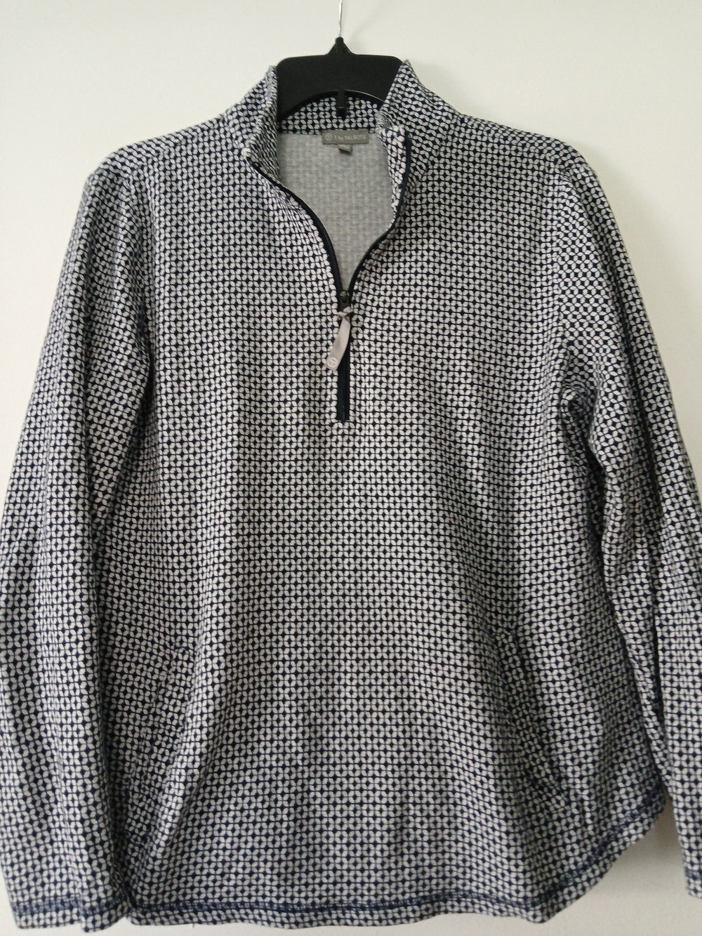 Talbots Navy and White Geometric Quarter-Zip Pullover